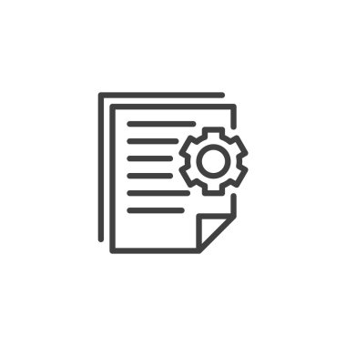 Protokol Belgesi satır simgesi. Mobil konsept ve web tasarımı için doğrusal biçim işareti. Vites ana hatlı vektör simgesi olan kağıt bir belge. Kurallar, anlaşmalar ve resmi süreçler sembolü, logo illüstrasyonu