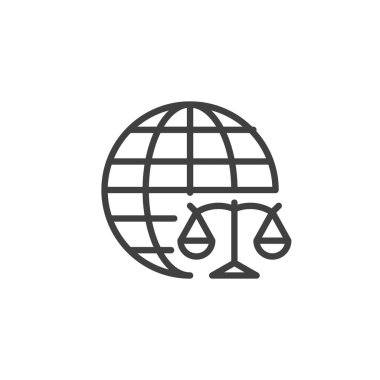 Diplomatik Denge Çizgisi simgesi. Mobil konsept ve web tasarımı için doğrusal biçim işareti. Ölçekli küre ana vektör simgesi. Adalet, denge ve uluslararası hukuk sembolü, logo illüstrasyonu