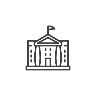 Hükümet İnşaat Hattı simgesi. Mobil konsept ve web tasarımı için doğrusal biçim işareti. Bayrak hatlı vektör ikonu olan bir hükümet binası. Otorite, yönetim ve diplomasi sembolü, logo illüstrasyonu