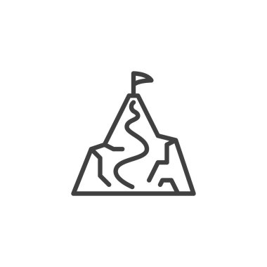 Zirve bayrak hattı simgesi. Mobil konsept ve web tasarımı için doğrusal biçim işareti. Bir bayrak dağın tepesindeki bir çizgi vektör simgesi. Hedefler, başarı ve uluslararası işbirliği sembolü, logo çizimi