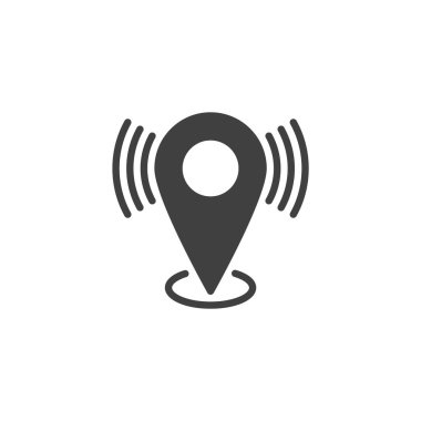 Yanıp sönen bir konum iğne ikonu. Mobil konsept ve web tasarımı için düz tabela. Konum glyph simgesi bulundu. Sembol, logo çizimi. Vektör grafikleri