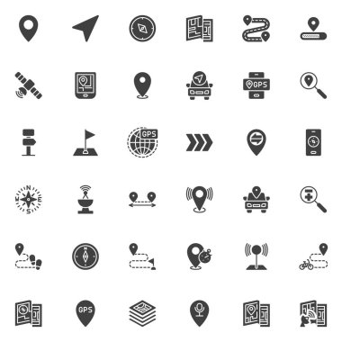 GPS yön bulma vektör simgeleri seti, modern katı sembol koleksiyonu, doldurulmuş biçim piktogram paketi. İşaretler, logo illüstrasyonu. GPS izleyici, harita pin, konum işaretleyici, pusula, rota olarak simgeleri küme