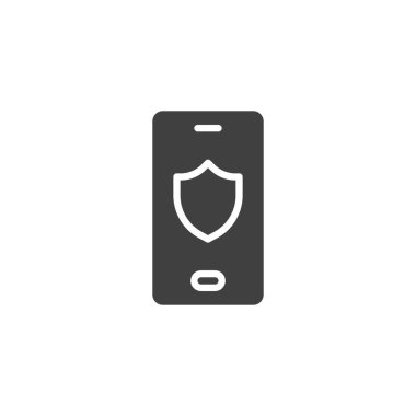 Kalkan vektör simgesinin altındaki bir akıllı telefon. Mobil konsept ve web tasarımı için düz tabela. Mobil Aygıt Sigortası simgesi. Teknoloji, güvenlik ve kapsama sembolü, logo illüstrasyonu. Vektör