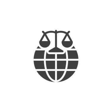 Denge ölçekli vektör ikonu olan küre. Mobil konsept ve web tasarımı için düz tabela. Tarafsız Bölge sembol simgesi. Adalet, barış ve diplomasi sembolü, logo illüstrasyonu. Vektör grafikleri