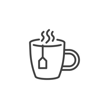 Sıcak çay kupası ikonu. Mobil konsept ve web tasarımı için doğrusal biçim işareti. İçinde çay poşeti olan dumanı tüten bir bardak vektör ikonu. Sağlık hizmeti sembolü, logo illüstrasyonu. Vektör grafikleri
