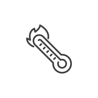 Ateş termometre çizgisi simgesi. Mobil konsept ve web tasarımı için doğrusal biçim işareti. Alevli termometre vektör ikonuna işaret ediyor. Yüksek vücut sıcaklığı sembolü, logo çizimi. Vektör grafikleri