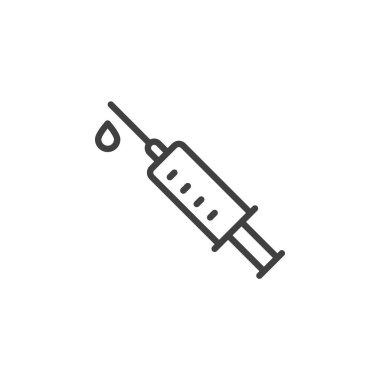 Grip aşısı ikonu. Mobil konsept ve web tasarımı için doğrusal biçim işareti. Damlacık anahat vektör ikonu olan bir şırınga. Aşı enjeksiyon sembolü, logo çizimi. Vektör grafikleri