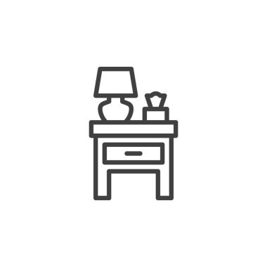 Yatak başı masa çizgisi simgesi. Mobil konsept ve web tasarımı için doğrusal biçim işareti. Üzerinde lamba ve doku kutusu olan komodin, vektör ikonu. Sembol, logo çizimi. Vektör grafikleri