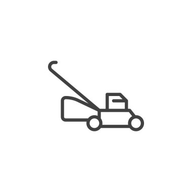Çim biçme çizgisi simgesi. Mobil konsept ve web tasarımı için doğrusal biçim işareti. Tekerlek çizgili çim biçme makinesi. Çim biçme sembolü, logo çizimi. Vektör grafikleri