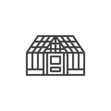 Sera çizgisi simgesi. Mobil konsept ve web tasarımı için doğrusal biçim işareti. Cam panelli sera yapısı vektör simgesini çiziyor. Sembol, logo çizimi. Vektör grafikleri