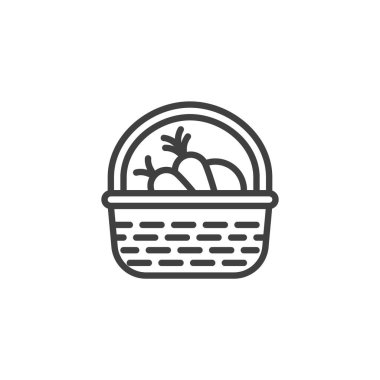 Sepet hattı simgesini hasat et. Mobil konsept ve web tasarımı için doğrusal biçim işareti. Sebze ana hatlı vektör ikonlu örülmüş bir sepet. Sembol, logo çizimi. Vektör grafikleri