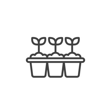 Seedlings Tepsi hattı simgesi. Mobil konsept ve web tasarımı için doğrusal biçim işareti. Sıralar halinde fidelerin bulunduğu bir tepsi vektör simgesi. Büyüyen genç bitkilerin sembolü, logo çizimi. Vektör grafikleri