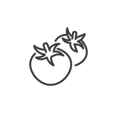 Taze domates çizgisi simgesi. Mobil konsept ve web tasarımı için doğrusal biçim işareti. İki domates ana taslak vektör simgesi. Sebze sembolü, logo çizimi. Vektör grafikleri