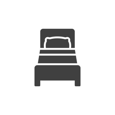 Yastık ve battaniye taşıyıcı ikonu olan bir yatak. Mobil konsept ve web tasarımı için düz tabela. Yatak Dinlenme Sembolü simgesi. Sembol, logo çizimi. Vektör grafikleri