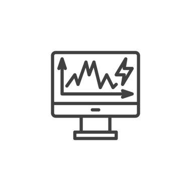 Enerji Monitörü çizgi simgesi. Mobil konsept ve web tasarımı için doğrusal biçim işareti. Enerji istatistiklerini gösteren bir ekran ana vektör simgesi. Sembol, logo çizimi. Vektör grafikleri