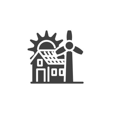 Güneş paneli ve rüzgar türbini vektör ikonu olan bir ev. Mobil konsept ve web tasarımı için düz tabela. Grid Living glyph simgesi dışında. Sembol, logo çizimi. Vektör grafikleri