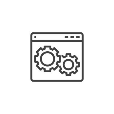 Sayfa-SEO satır simgesi. Mobil konsept ve web tasarımı için doğrusal biçim işareti. Vites ana hatlı vektör simgesi olan bir web sayfası. Sayfa içeriği sembolü, logo illüstrasyonu optimize ediliyor. Vektör grafikleri