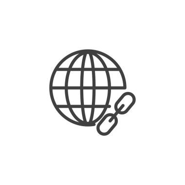 Dış Bağlantı simgesi. Mobil konsept ve web tasarımı için doğrusal biçim işareti. Zincirleme bağlantı ana hat vektör simgesine sahip bir küre. Sembol, logo çizimi. Vektör grafikleri