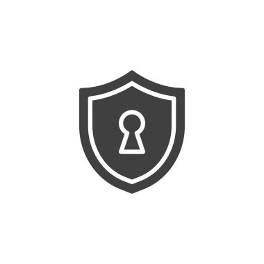 Anahtar deliği vektör simgesi olan bir kalkan. Mobil konsept ve web tasarımı için düz tabela. Siber güvenlik sembolü. Sembol, logo çizimi. Vektör grafikleri