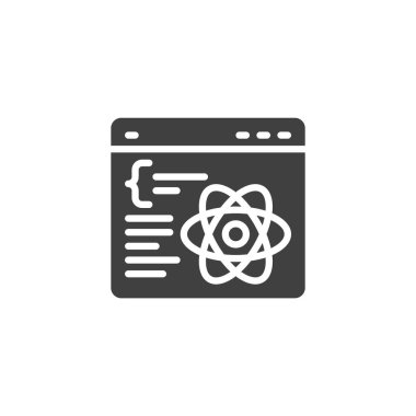 Kod pencere vektör simgesi olan bir atom sembolü. Mobil konsept ve web tasarımı için düz tabela. Çerçeve şekil simgesine tepki ver. Sembol, logo çizimi. Vektör grafikleri