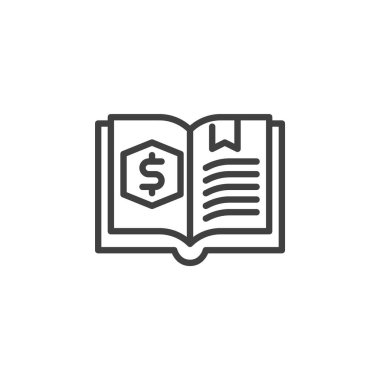 Fintech Eğitim Hattı ikonu. Mobil konsept ve web tasarımı için doğrusal biçim işareti. Dijital para birimi ana hatlı vektör ikonu olan bir kitap. Sembol, logo çizimi. Vektör grafikleri