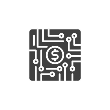 Devre kartı vektör simgesinin içinde dolar sikkesi. Mobil konsept ve web tasarımı için düz tabela. Mikrotransaction glyph simgesi. Dijital ödeme sembolü, logo çizimi. Vektör grafikleri