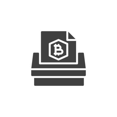 Bitcoin belge ikonu olan bir oy pusulası. Mobil konsept ve web tasarımı için düz tabela. Engelleme zinciri oylama simgesi. Sembol, logo çizimi. Vektör grafikleri