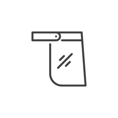 Yüz Kalkanı çizgi simgesi. Mobil konsept ve web tasarımı için doğrusal biçim işareti. Baş kayışlı vektör ikonu olan koruyucu bir kalkan. Yüz koruma sembolü, logo çizimi. Vektör grafikleri