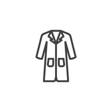 Laboratuvar önlüğü çizgisi simgesi. Mobil konsept ve web tasarımı için doğrusal biçim işareti. Ceplerinde taslak vektör simgesi olan laboratuvar önlüğü. Sembol, logo çizimi. Vektör grafikleri