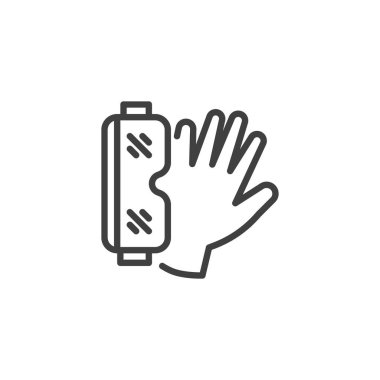 PPE Kit satır simgesi. Mobil konsept ve web tasarımı için doğrusal biçim işareti. Koruyucu gözlükler ve eldivenler vektör simgesini belirler. Tam güvenlik teçhizatı sembolü, logo çizimi. Vektör grafikleri