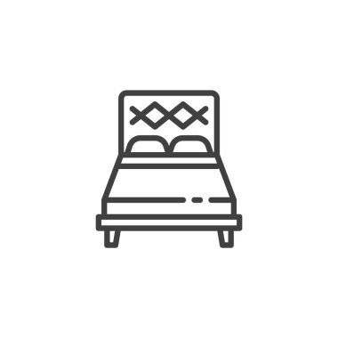 Yatak sırası ikonu. Mobil konsept ve web tasarımı için doğrusal biçim işareti. Yatak başlıklı ve yastıklı bir yatak vektör ikonu. Uyku ve dinlenme sembolü, logo çizimi. Vektör grafikleri
