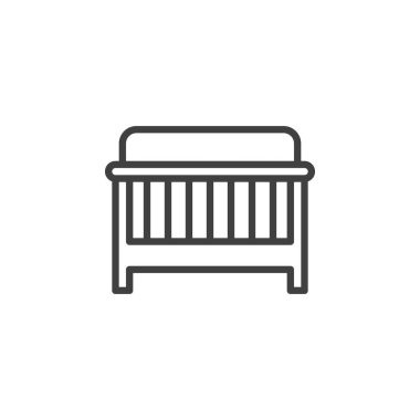 Bebek beşiği çizgisi simgesi. Mobil konsept ve web tasarımı için doğrusal biçim işareti. Parmaklıklı ahşap beşik vektör simgesi. Sembol, logo çizimi. Vektör grafikleri