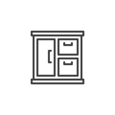 Ayakkabı dolabı çizgisi simgesi. Mobil konsept ve web tasarımı için doğrusal biçim işareti. Kapalı bir kabine ana hatlı vektör simgesi. Mobilya sembolü, logo çizimi. Vektör grafikleri