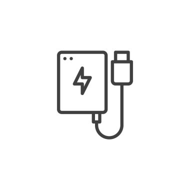 Power Bank hat simgesi. Mobil konsept ve web tasarımı için doğrusal biçim işareti. Şarj kablosu olan taşınabilir bir pil vektör ikonu. Sembol, logo çizimi. Vektör grafikleri