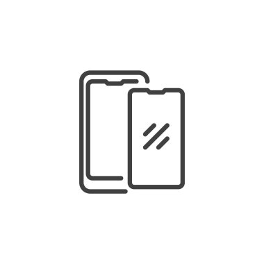 Ekran Koruyucusu çizgi simgesi. Mobil konsept ve web tasarımı için doğrusal biçim işareti. Bir telefon ekranı ana hatlı vektör simgesini kaplayan şeffaf bir kalkan. Sembol, logo çizimi. Vektör grafikleri