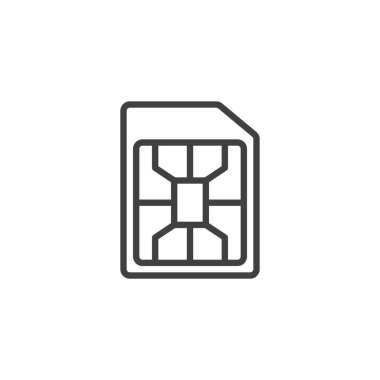 SIM kart çizgisi simgesi. Mobil konsept ve web tasarımı için doğrusal biçim işareti. Kontakt vektör simgesine sahip küçük bir çip. Mobil ağ erişim sembolü, logo illüstrasyonu. Vektör grafikleri