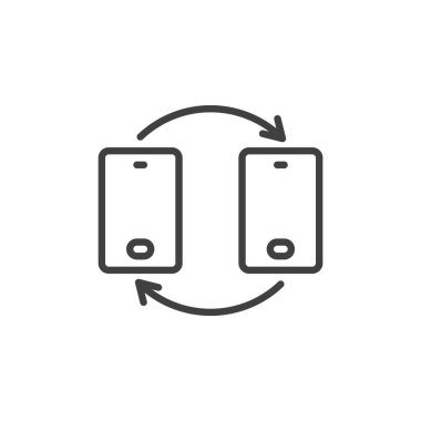 Telefon Takas Hattı simgesi. Mobil konsept ve web tasarımı için doğrusal biçim işareti. Dairesel ok ana hatlı iki telefon. Cihaz değişim sembolü, logo çizimi. Vektör grafikleri