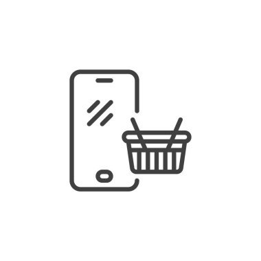 Sanal mağaza hattı simgesi. Mobil konsept ve web tasarımı için doğrusal biçim işareti. Alış veriş sepeti taslak vektör ikonlu akıllı telefon. Çevrimiçi mobil alışveriş sembolü, logo illüstrasyonu. Vektör grafikleri