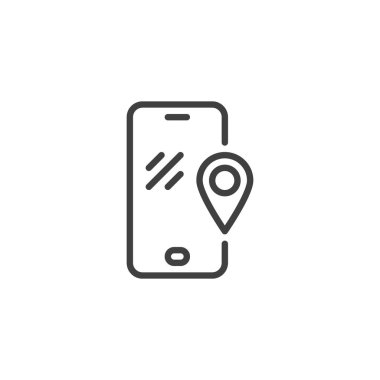 GPS yön bulma çizgisi simgesi. Mobil konsept ve web tasarımı için doğrusal biçim işareti. Bir telefon ekranının konum kodu vektör simgesi. Sembol, logo çizimi. Vektör grafikleri