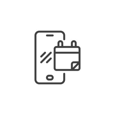 Mobil Abonelik Planı simgesi. Mobil konsept ve web tasarımı için doğrusal biçim işareti. Aylık takvim çizelgesi vektör simgesi olan bir telefon. Sembol, logo çizimi. Vektör grafikleri