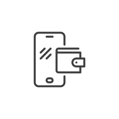 Mobil Cüzdan hattı simgesi. Mobil konsept ve web tasarımı için doğrusal biçim işareti. Telefon hattı vektör simgesi olan dijital cüzdan. Sembol, logo çizimi. Vektör grafikleri