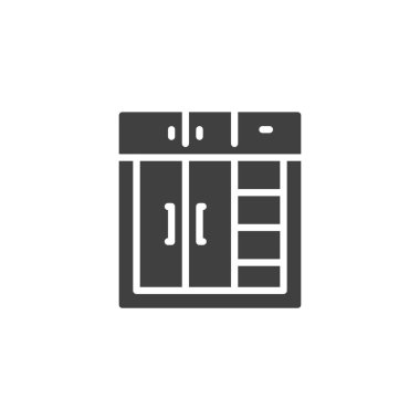 Kapı vektör simgesi olan uzun bir dolap. Mobil konsept ve web tasarımı için düz tabela. Kostüm kabartma ikonu. Giysi depolama sembolü, logo çizimi. Vektör grafikleri