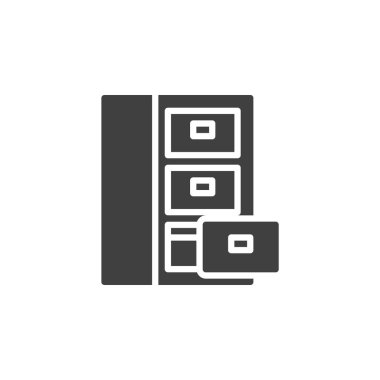 Çekmece vektör ikonlu metal dolap. Mobil konsept ve web tasarımı için düz tabela. Kabine sembolü dosyalanıyor. Sembol, logo çizimi. Vektör grafikleri