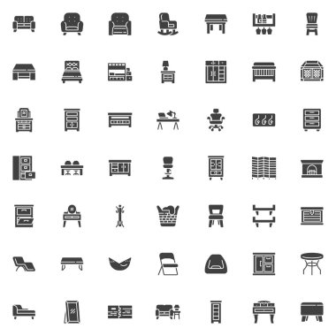 Mobilya ve dekor vektör simgeleri seti, modern katı sembol koleksiyonu, doldurulmuş biçim piktogram paketi. İşaretler, logo illüstrasyonu. Set simgeleri: Koltuk, Koltuk, Sandalye, Masa, Yatak, Dresser, Rafta