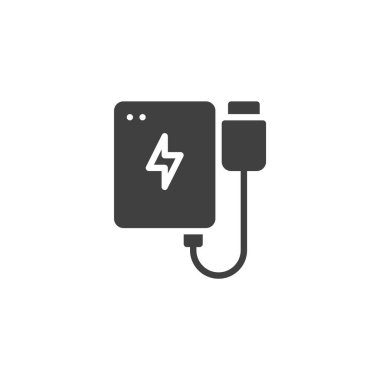 Şarj edilmiş kablo vektör ikonu olan taşınabilir bir pil. Mobil konsept ve web tasarımı için düz tabela. Güç Bankası sembol simgesi. Sembol, logo çizimi. Vektör grafikleri