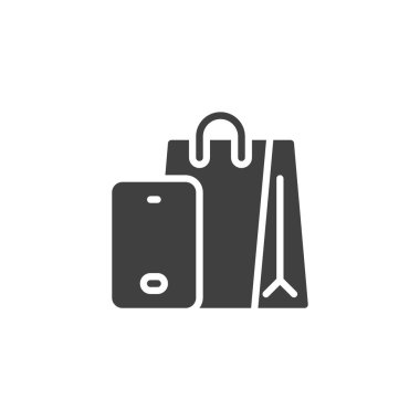 Telefon vektör ikonuyla alışveriş torbası. Mobil konsept ve web tasarımı için düz tabela. Mağaza içi pikap simgesi simgesi. Sembol, logo çizimi. Vektör grafikleri