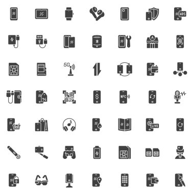 Akıllı telefon ve Dijital Aygıt vektör simgeleri seti, modern katı sembol koleksiyonu, doldurulmuş resim paketi. İşaretler, logo illüstrasyonu. Ayarlar telefon dokunmatik ekranı, kulaklık, telefon kılıfı olarak simgeleri içerir