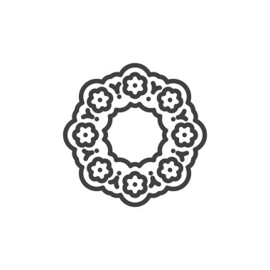 Çiçek çelengi çizgisi ikonu. Mobil konsept ve web tasarımı için doğrusal biçim işareti. Dairesel çiçekli çelenk ana hatlı vektör ikonu. Paskalya evi dekorasyon sembolü, logo çizimi. Vektör grafikleri