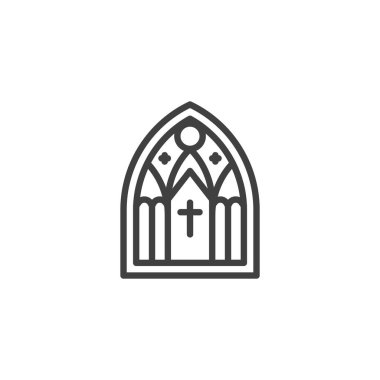 Kilisenin pencere çizgisi simgesi. Mobil konsept ve web tasarımı için doğrusal biçim işareti. Vitraylı kilise penceresi vektör simgesi. Sembol, logo çizimi. Vektör grafikleri