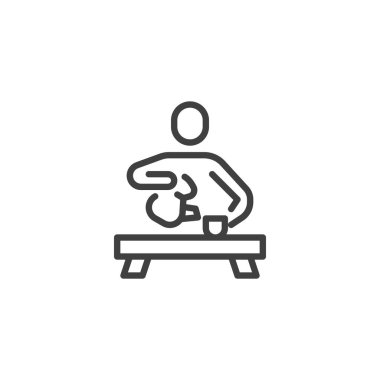 Çay Dökme Ritüeli simgesi. Mobil konsept ve web tasarımı için doğrusal biçim işareti. Biri çay ana hatları vektör ikonu dolduruyor. Çay töreni sembolü, logo çizimi. Vektör grafikleri